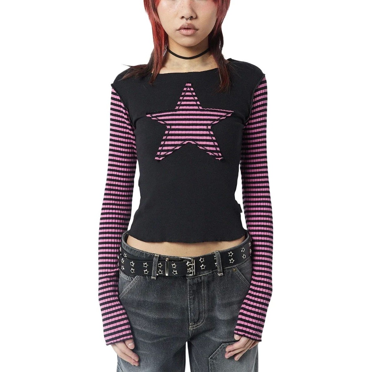 Women Star Casual Shirt Y2k Gothic Tops Long Sleeve Crew Nec