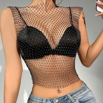 New Sexy Mesh Crop Tops for Women Summer Rhinestones Fashion