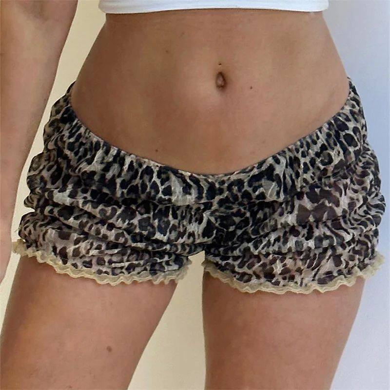 Retro Y2K Women Kawaii Leopard Printed Shorts Ruffle Vintage