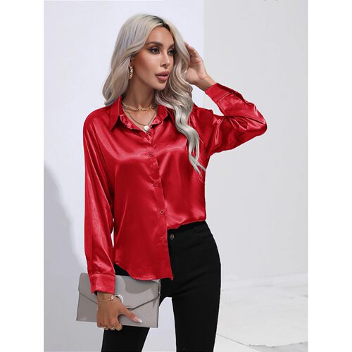 2025 Spring Summer Satin Shirt Women V Neck Long Sleeve Offi