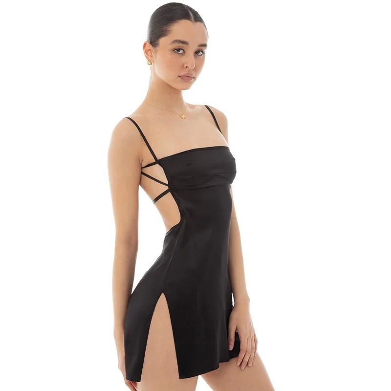 New Summer Sexy Backless Bodycon Satin Mini Dress Women Slee