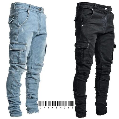 new Jeans Men Pants Wash Solid Color Multi Pockets Denim Mid