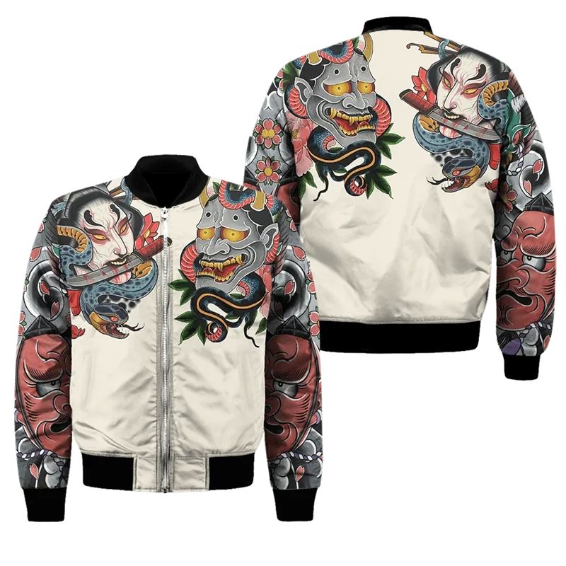 Spring Autumn Mens Bomber Jacket Samurai Oni Mask Tattoo 3D