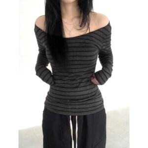 Sweetown Japanese Basic Slim Long Sleeve Stripe Tee Off Shou