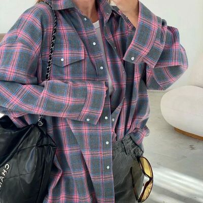 Women Vintage Long Sleeve Shirt Oversized Plaid Shirt Autumn