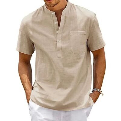 Cotton Linen Shirt Men Henley Neck Pocket Casual Beach Short