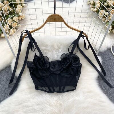 3D Flower Sexy Skinny Crop Tops Woman 2023 Mesh Sheer Elegan