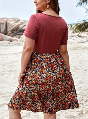 Plus Size 1XL-5XL Small Floral T-shirt Dress V-neck Solid Co