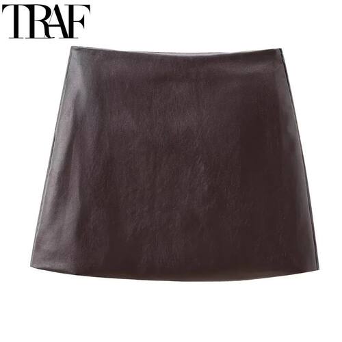 TRAF Women Faux Leather Skirt High Waist Vintage Brown Mini