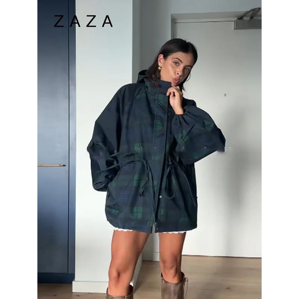 Women Vintage Grid Loose Jacket Oversize Loose Stand Collar