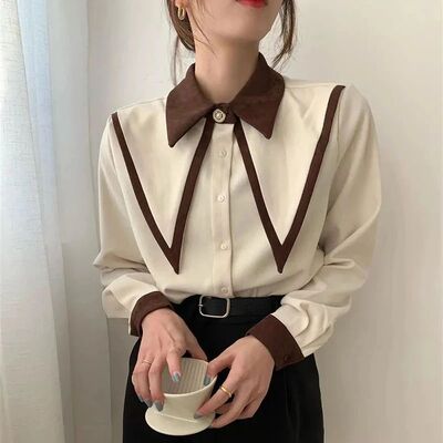 MEXZT Vintage Chiffon Shirts Women Elegant Patchwork Long Sl