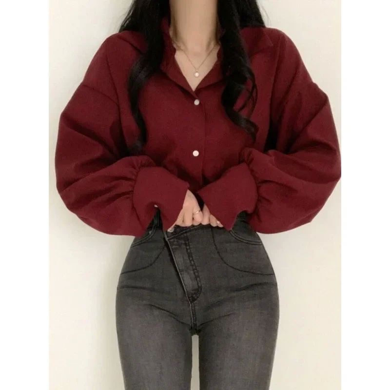Chic French Style Red Shirt Women's Korean Fashion Vintage D