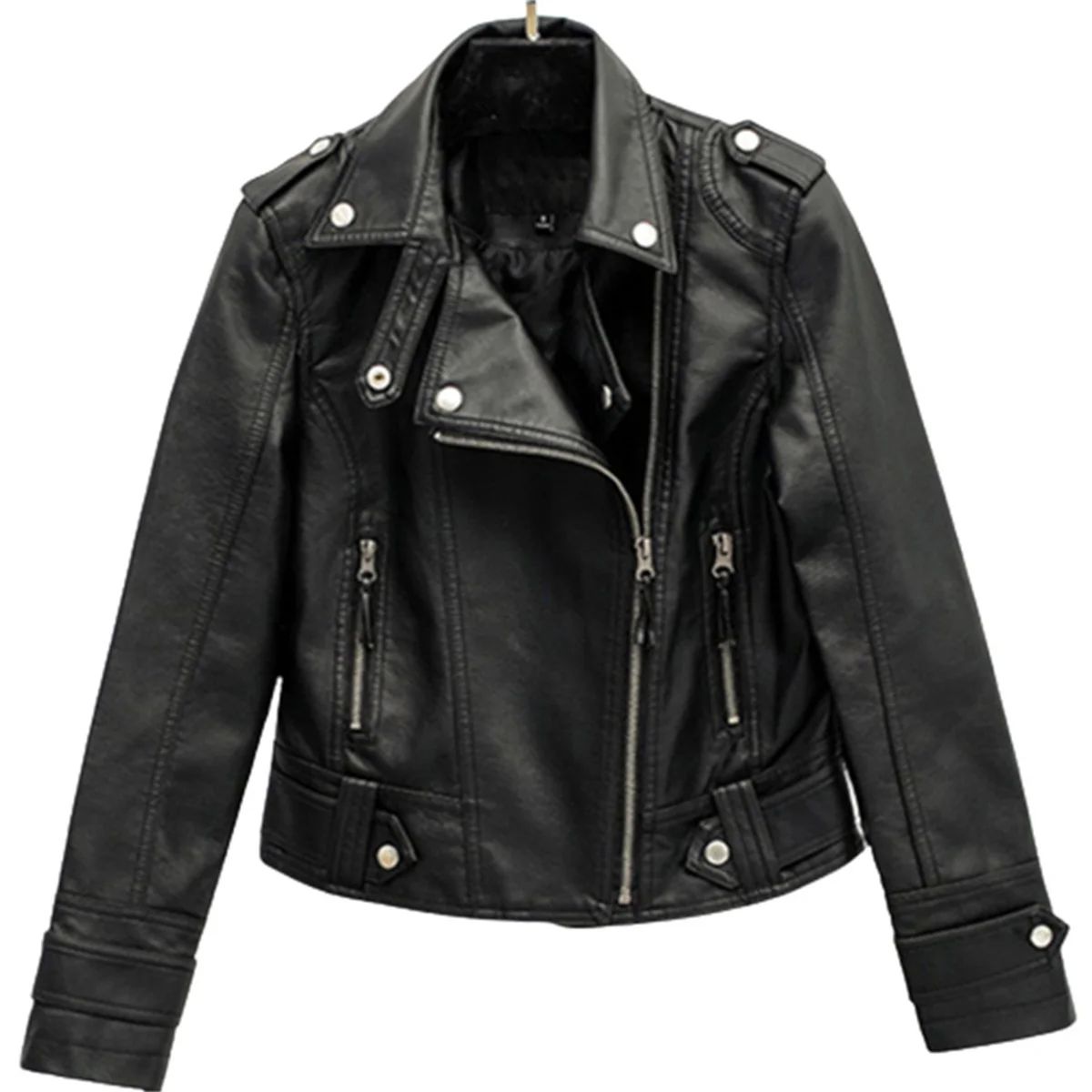 Fashion Leather Jacket Women Turn Down Collar Short Coat Zip