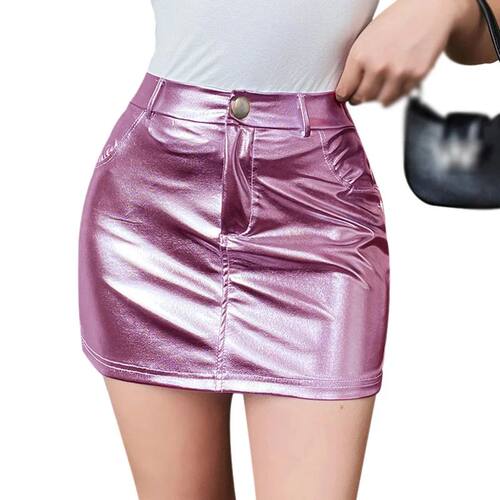 Women's PU Leather Split Hem Short Skirt High Waist Slim Fit