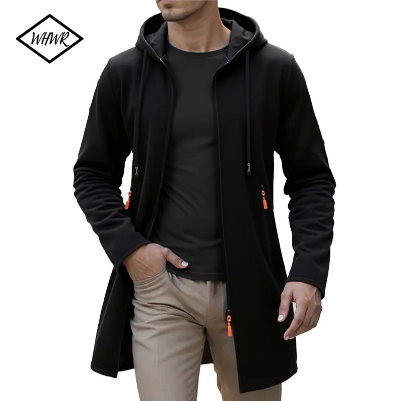 Spring Autumn Men's Hooded Long Jackets Solid Kintting Cardi