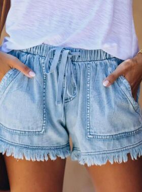 Jean Shorts for Women's Drawstring Elastic Waisted Casual De