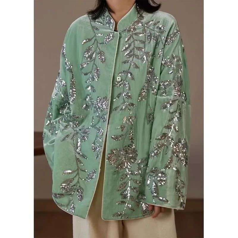 Chinese High-End Green Velvet Jacket Top For Women New Autum