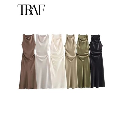 TRAF Satin Long Dresses for Women 2024 Summer Slip Midi Dres