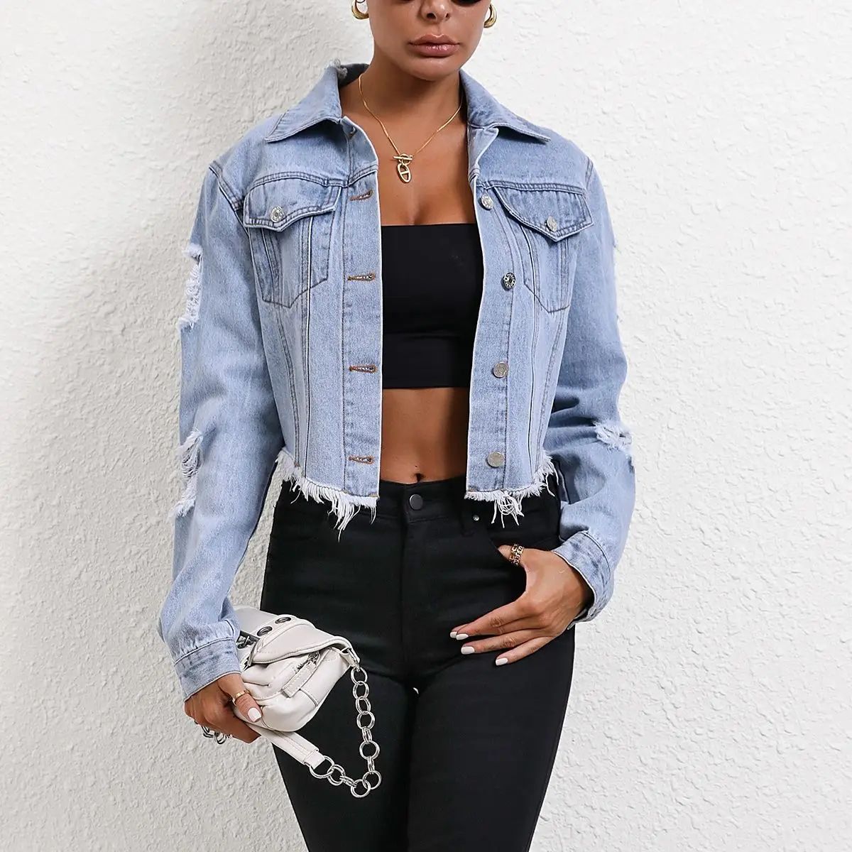 Ripped Distressed Women Denim Jackets Single Breasted Cardig