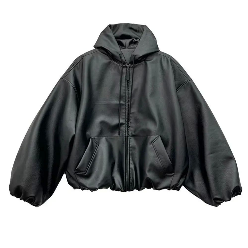 High Street Black Color Pu Leather WIndbreaker Coat Mens and