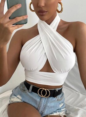 Women Summer Tank Tops Sexy Solid Color Cross Halter Neck Pu