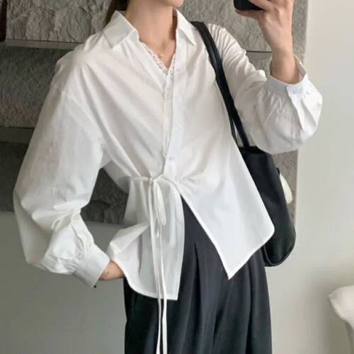 French Retro Lace Patchwork V-Neck Shirts Women Fashion Irre