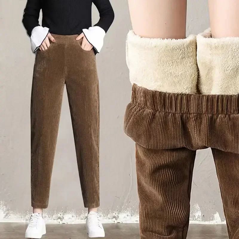 Women Corduroy Warm Pants Thick Plush Casual Pants Autumn Wi