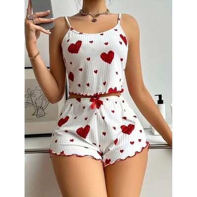 Summer Sleepwear Women Heart Print Relaxed Fit Pajama Set Ro