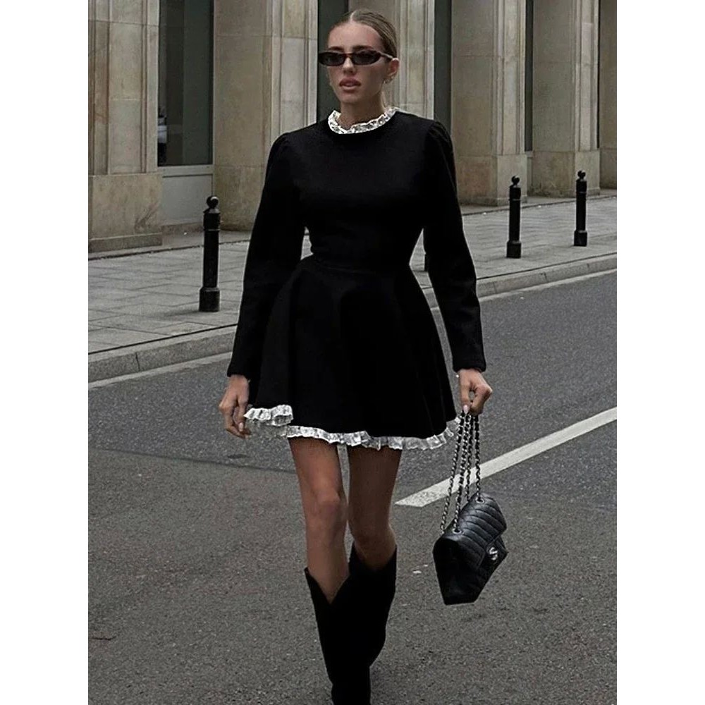 Splice Lace Mini Dress For Women High Waist Slim Elegant Dre