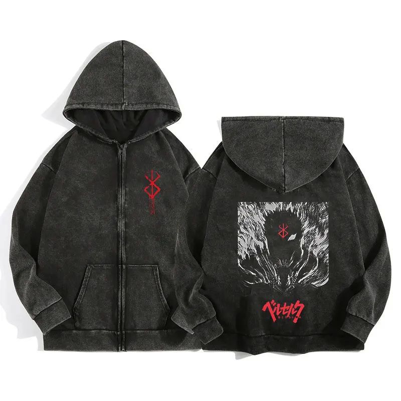Anime Berserk Wash Zip Up Hoodie Harajuku Retro Gothic Graph