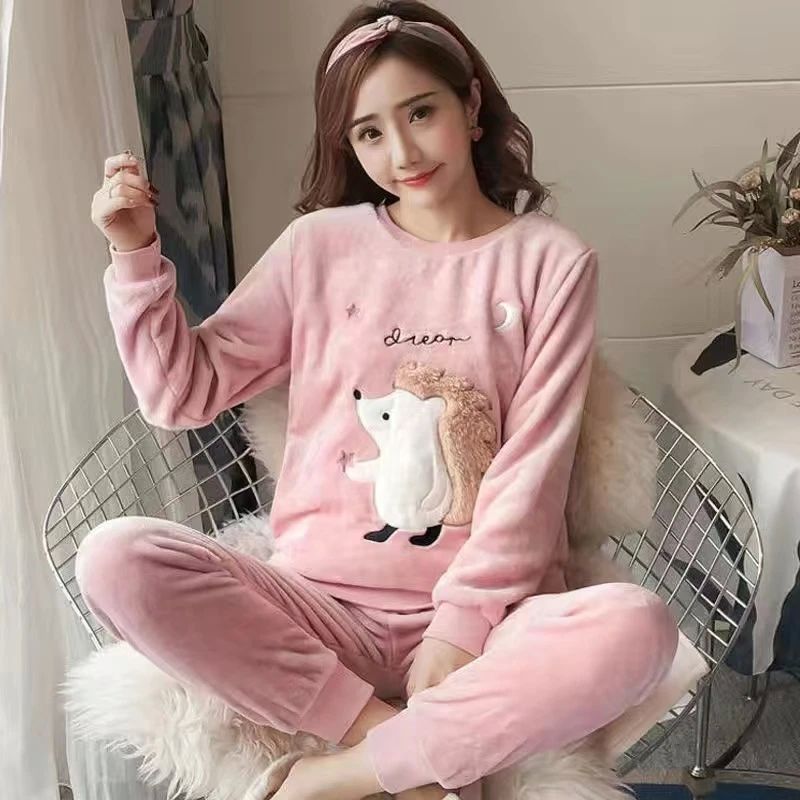 Autumn Winter New Flannel Soft Warm Women's Pajamas Round Ne