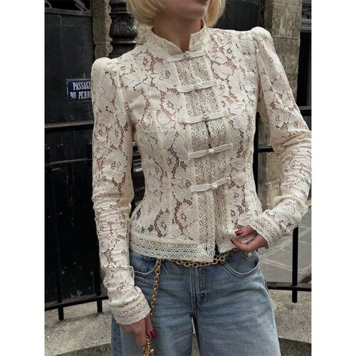 Tossy Summer Lace Printed Shirts Tops Female Hollow Out Fash