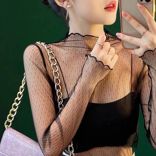 Transparent Mesh Ladies Tops Sexy Women O Neck Turtleneck Me