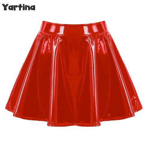 Women's Glossy Latex Patent Leather Wet Look Flared Pleated