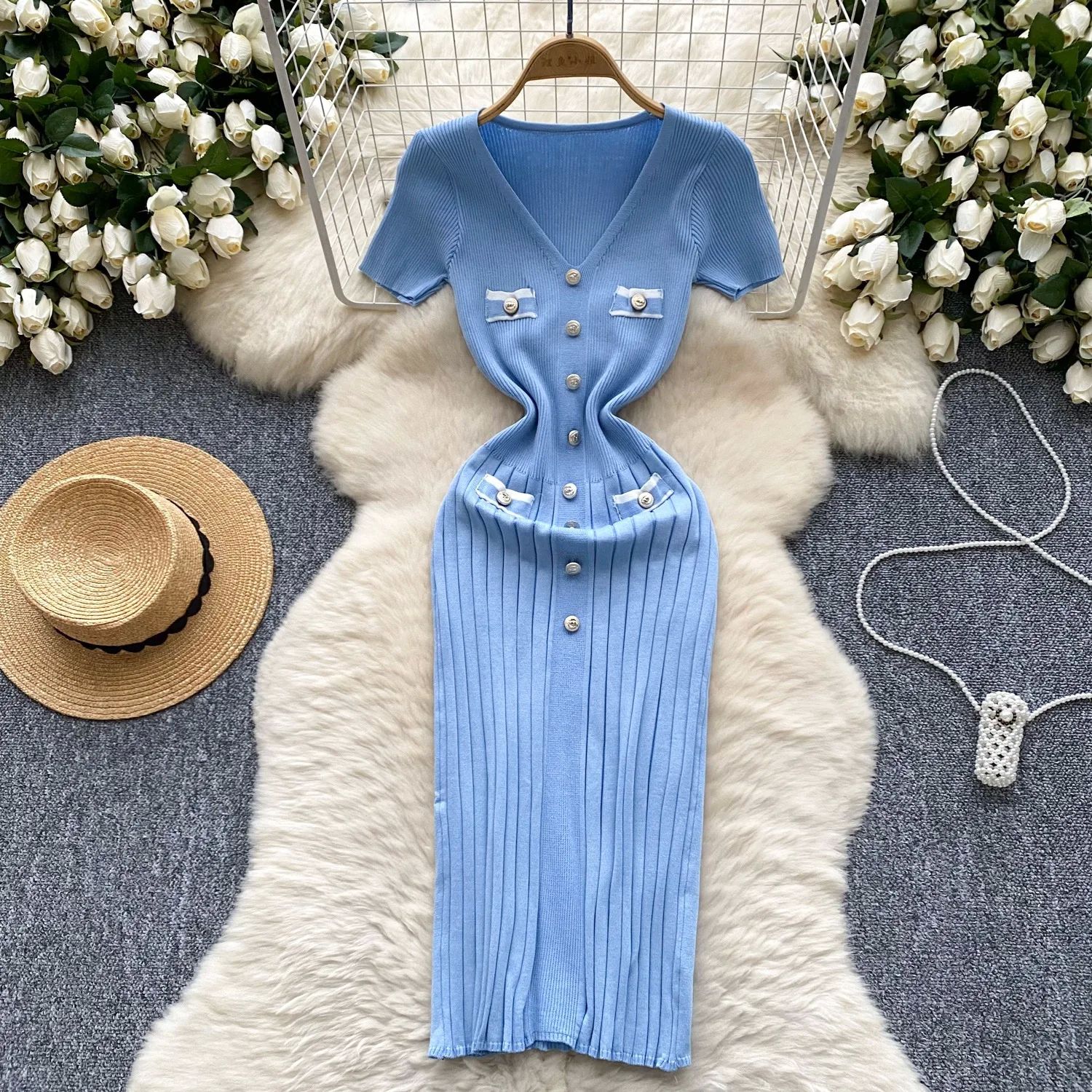 YuooMuoo Chic Fashion Sexy Wrap Hips Knitted Dress Women V-n
