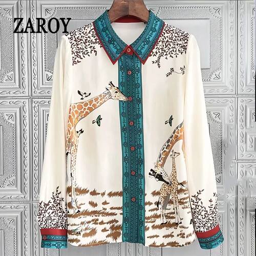 ZAROY Giraffe Print Women Shirt Casual Top Plus Size 3XL Ele