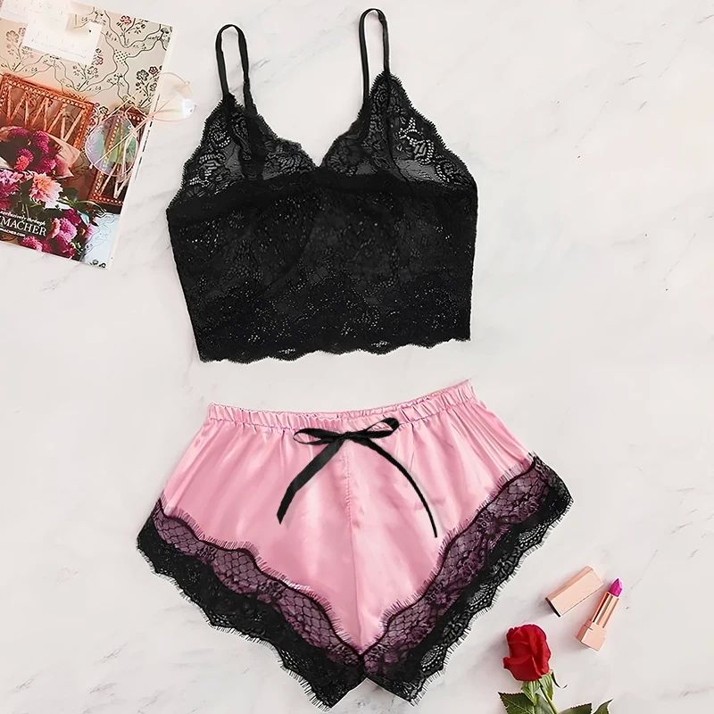 2PCS Womens Sexy Lace Sleepwear Lingerie Set Babydoll Top an