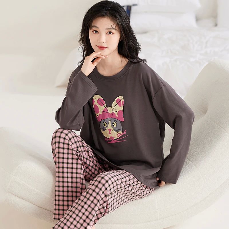 Cat Pajamas Set Women Pink Plaid Cute Kawaii Long Sleeves Lo