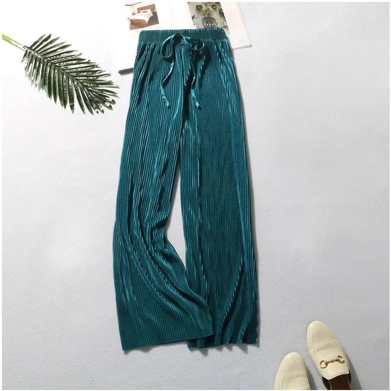 Women Fashion Summer Wide Leg Pants Pleated Ice Silk Trouser