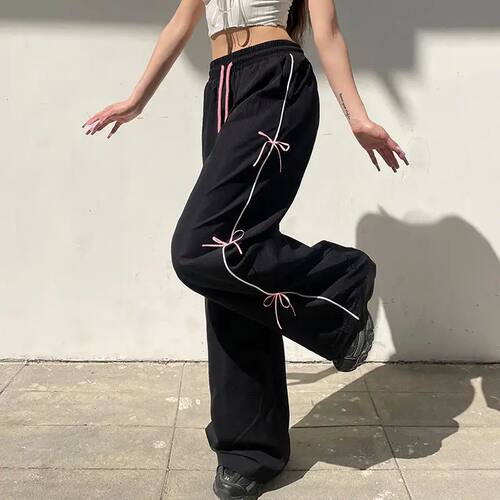 Quick-drying thin bow lace-up elastic waist woven pants wome