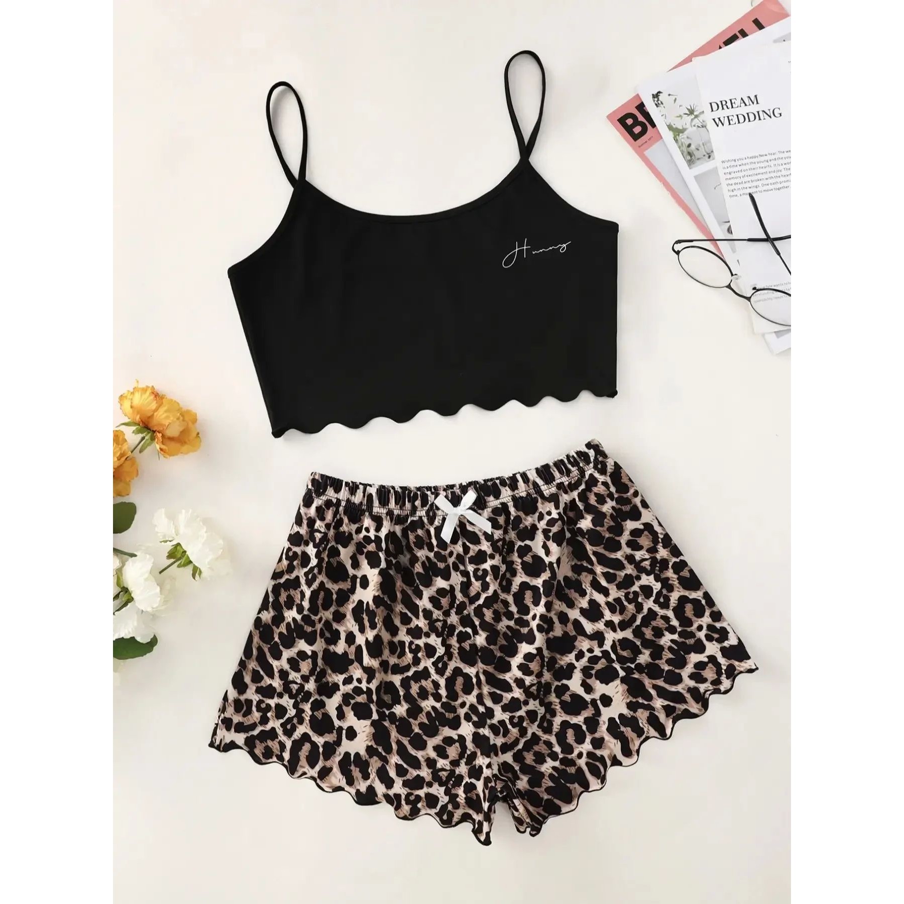 Women's Pajamas Set Sexy Lingerie Leopard Print Sling Sleepw
