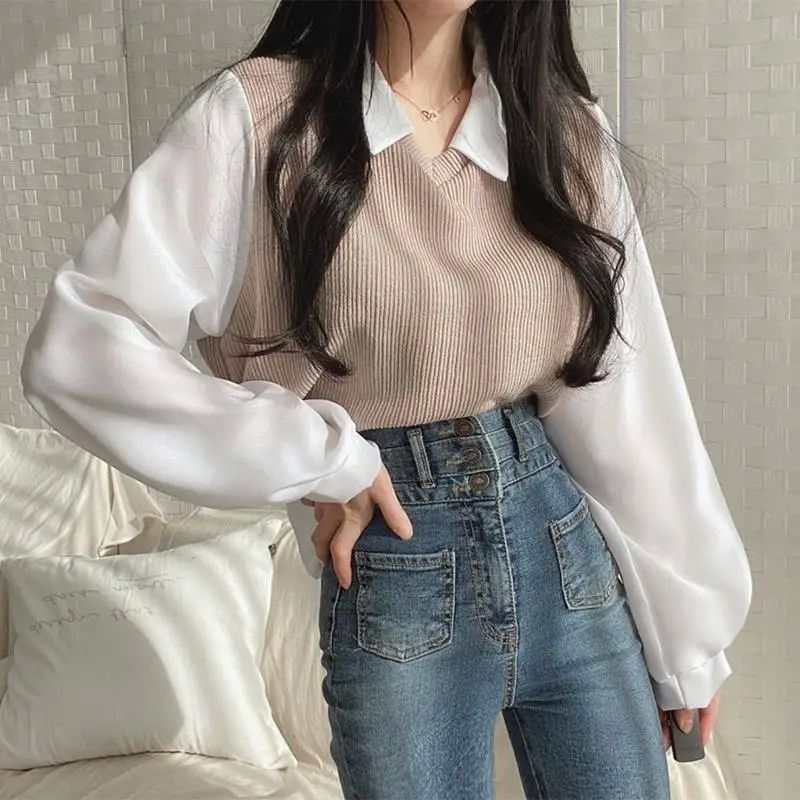 Y2k Polo Collar False Two-piece Blouse Women Spring Casual K