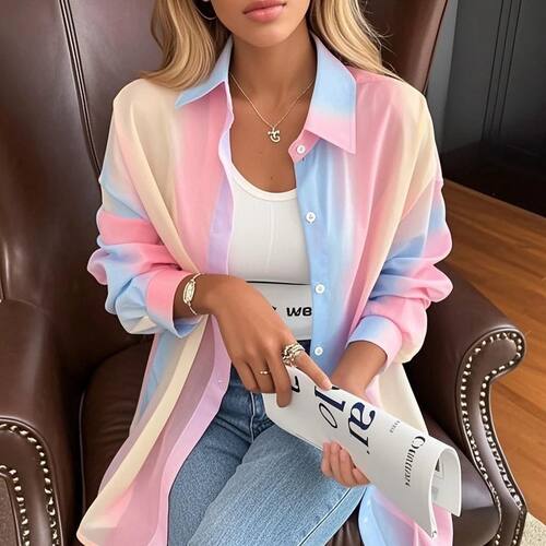 See-through Irregular Gradient Rainbow Long Sleeved Shirt An