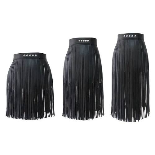 Womens High Waist Faux Leather Fringe Tassels Skirt with But