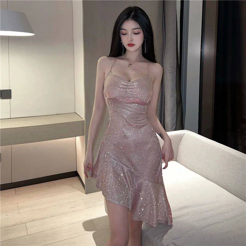 Biyaby Sexy Women Golden Mermaid Dresses Summer Spaghetti St