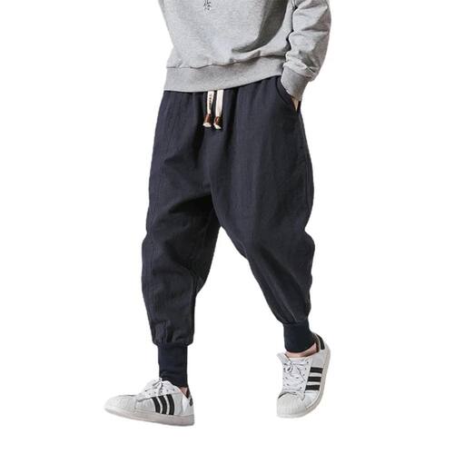Cotton Linen Harem Pants Men Solid Elastic Waist Streetwear