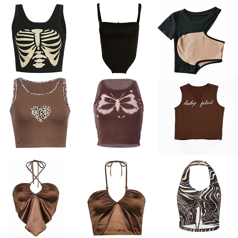 2023 Vintage Brown Halter Camisole Hollow Out Cyber Y2k Crop