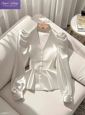 French Elegant Women's Shirt Luxury Waist Cinched White Sati