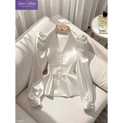 French Elegant Women's Shirt Luxury Waist Cinched White Sati