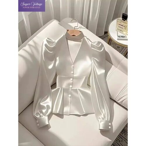 French Elegant Women's Shirt Luxury Waist Cinched White Sati